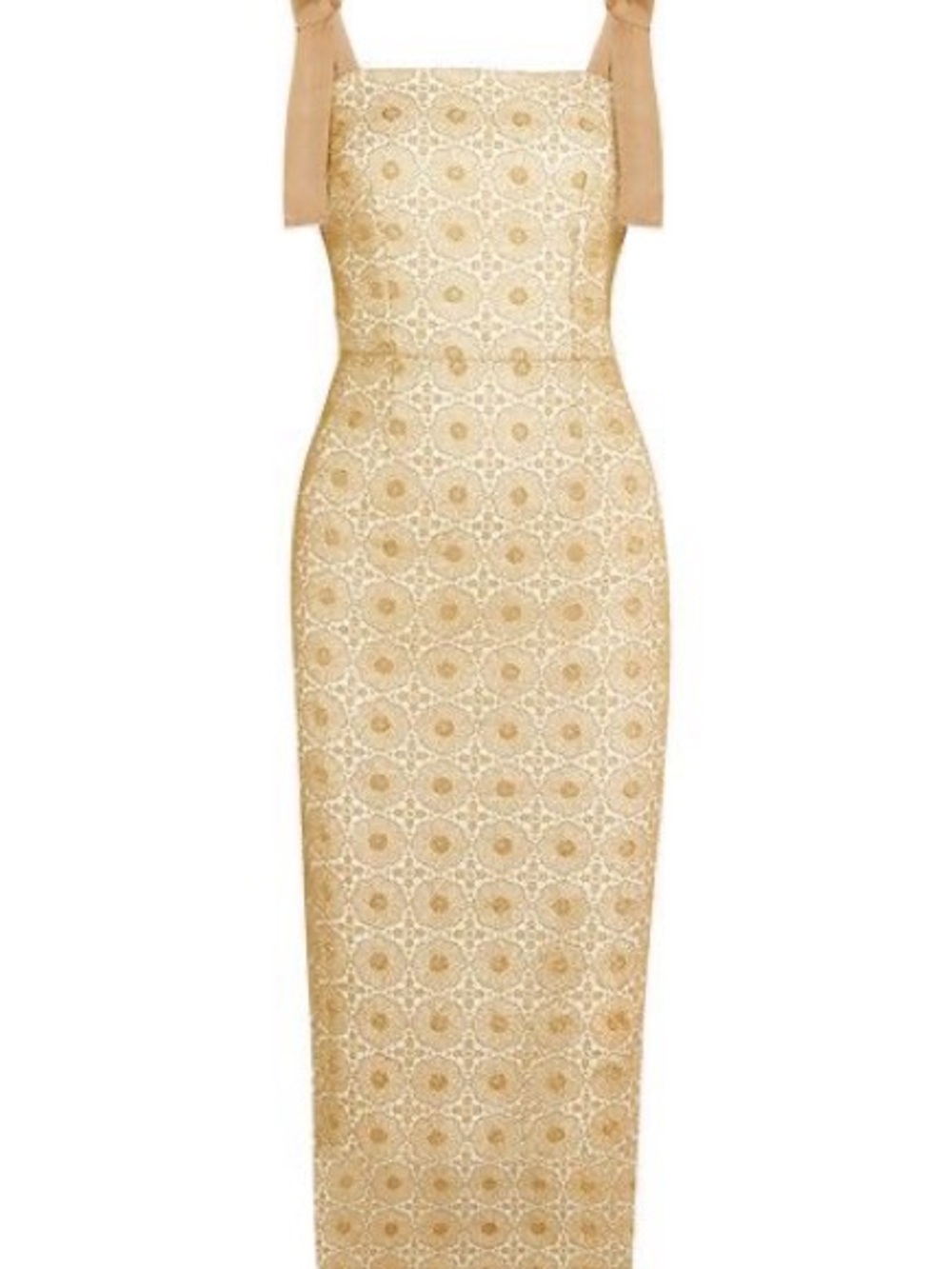 Rebecca Vallance Gold Lace Midi Dress with Bow Straps